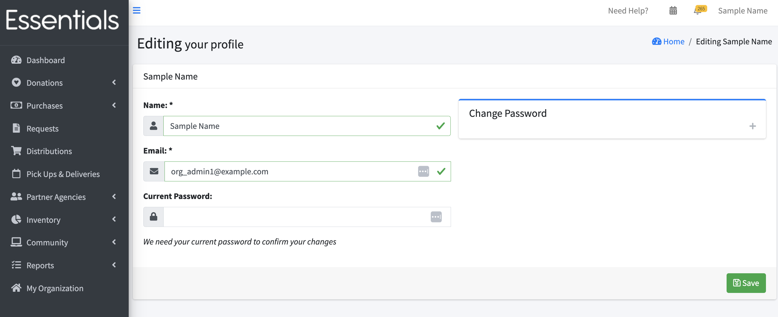 Account settings screen