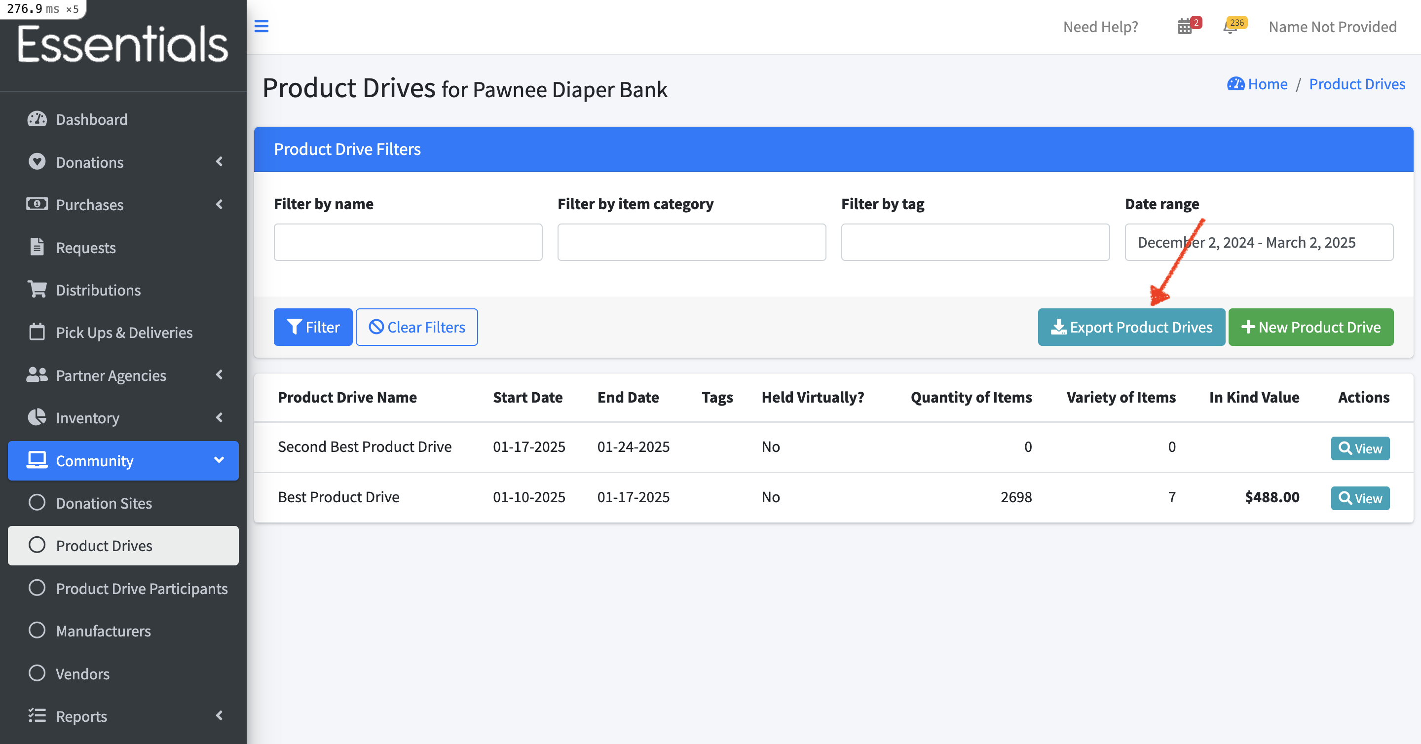 Navigation to Product Drive export