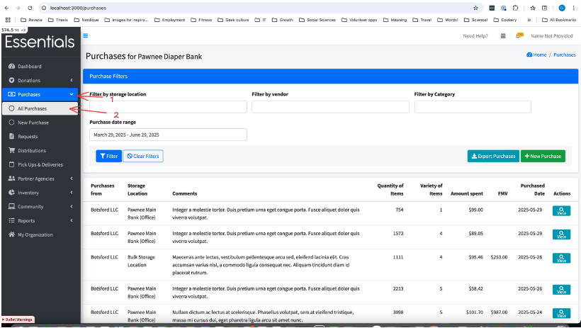 Navigation to view all Purchases