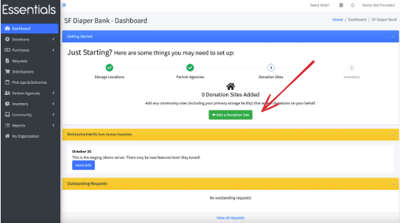 Navigating to add a Donation Site from getting started
