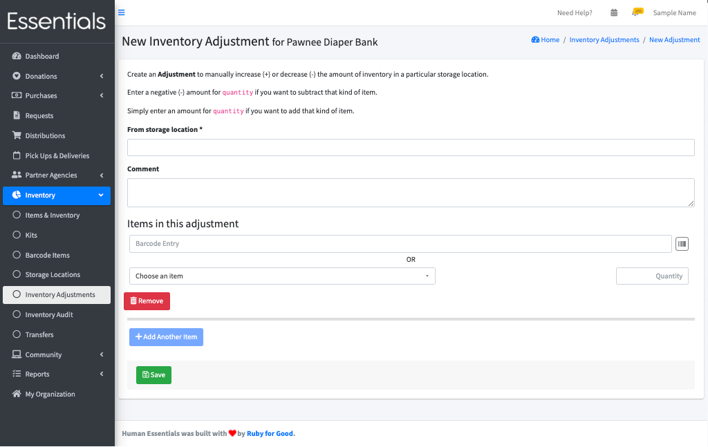 New Inventory Adjustment page