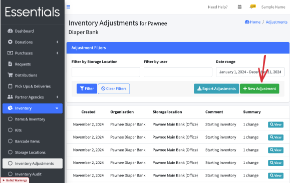 Navigation to new Inventory Adjustment