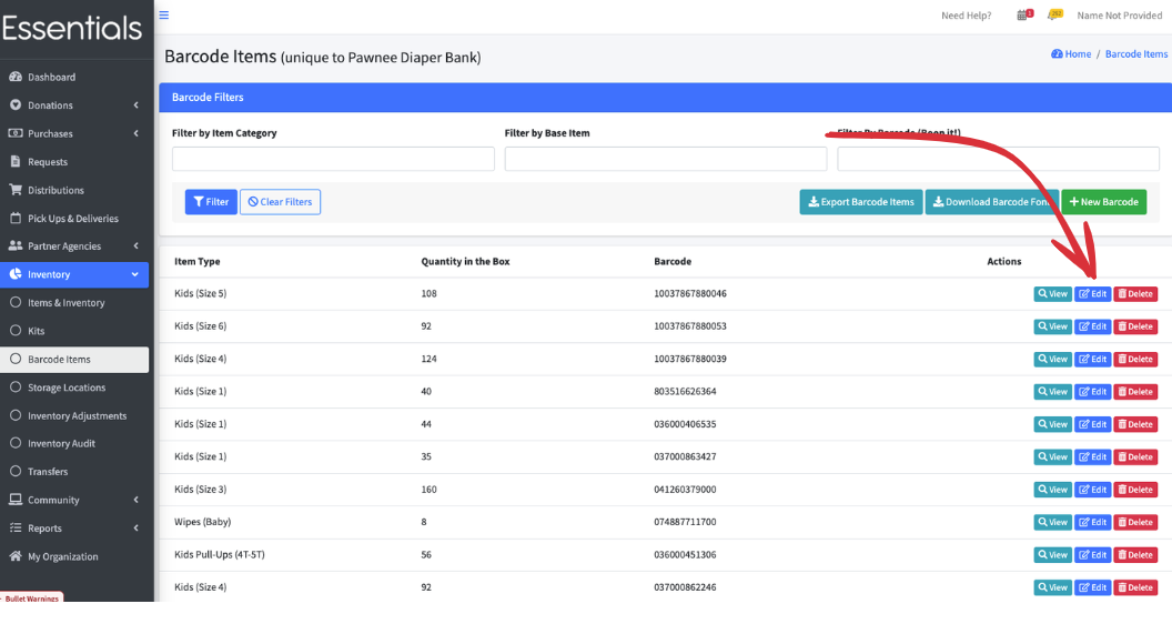 Edit Barcodes navigation