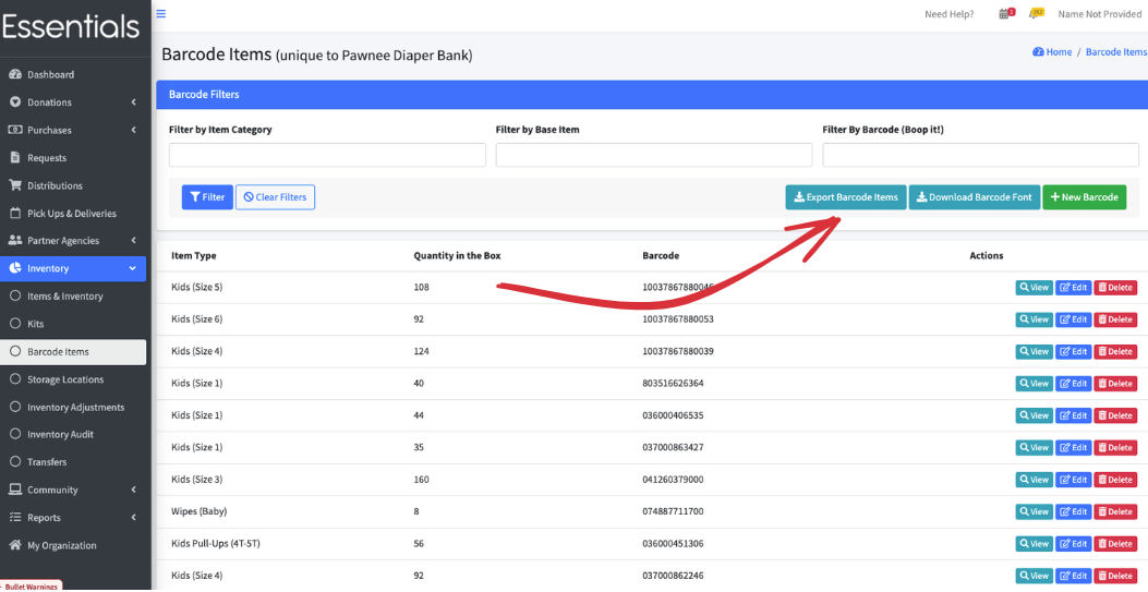 Export Barcodes navigation