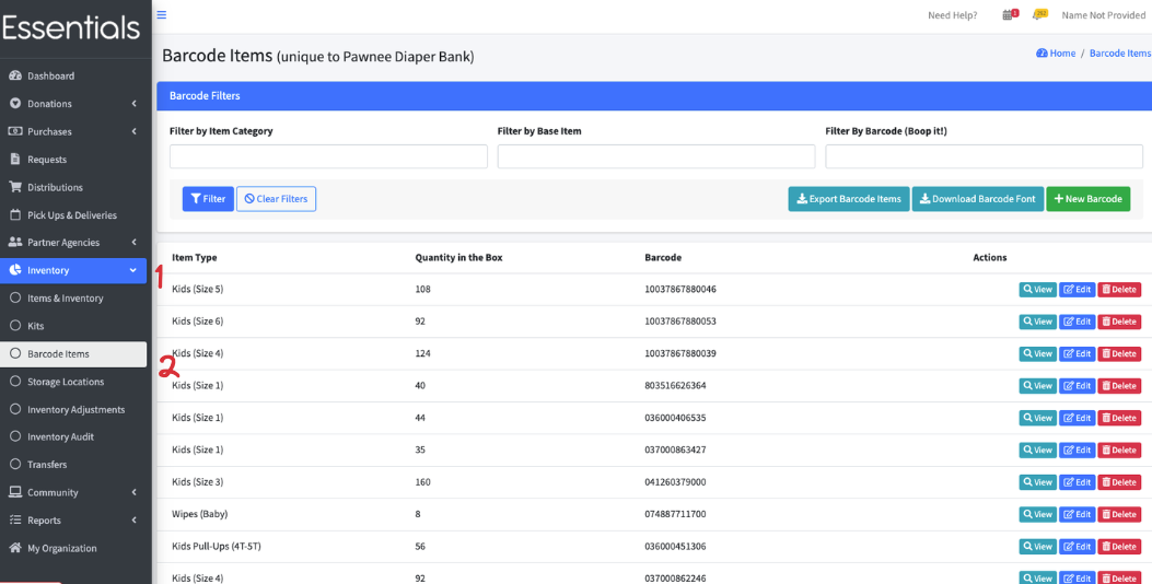 Navigation to Barcodes page