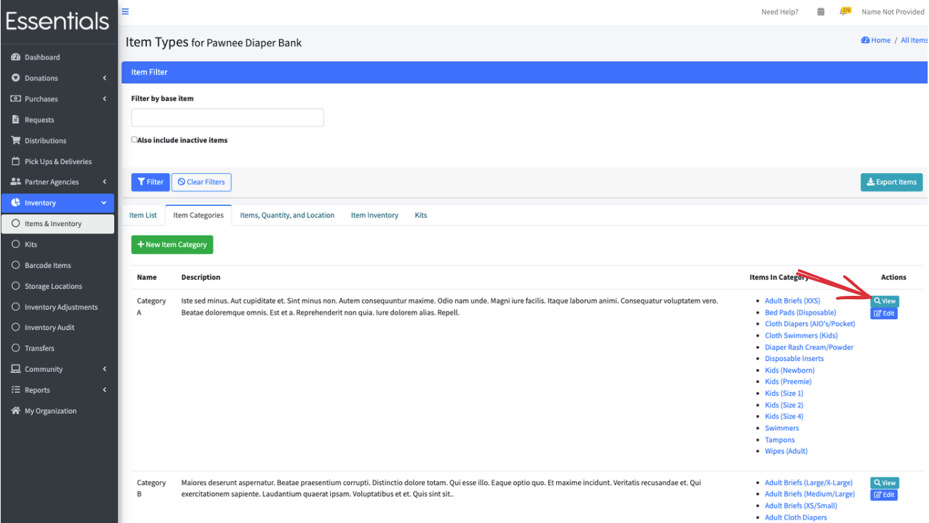 View Item Category navigation