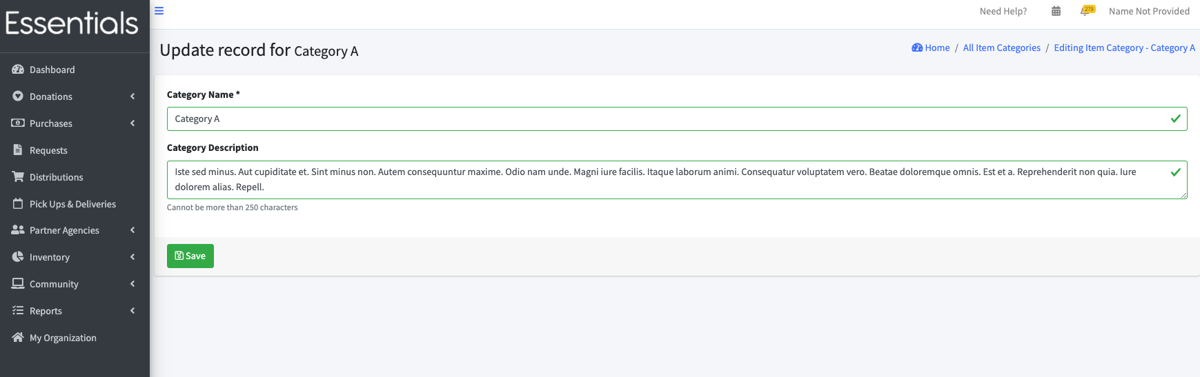 Edit Item Category page