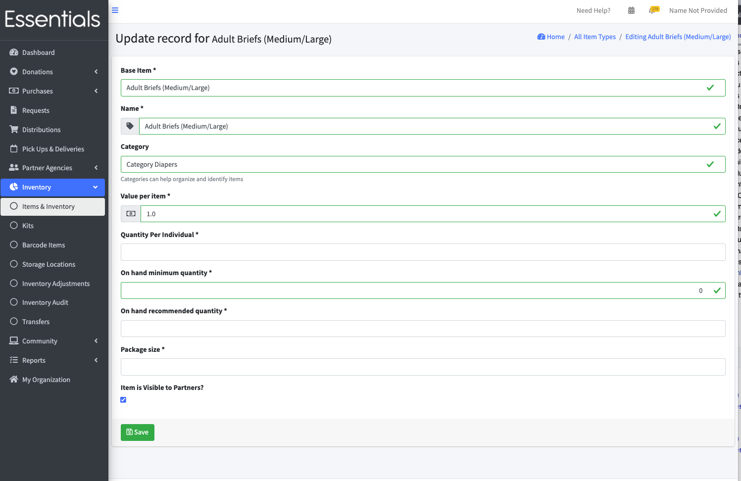Edit Item page