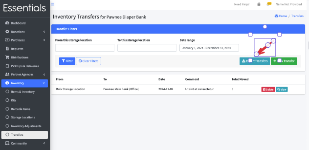 Navigation to Transfer export