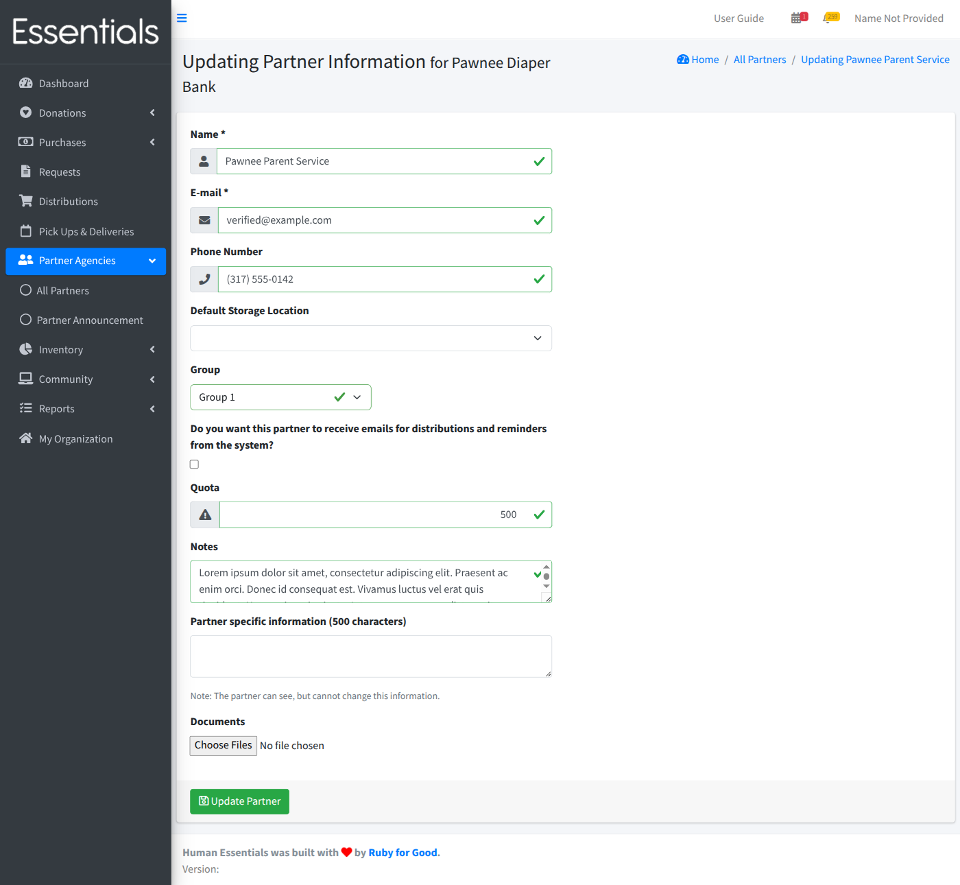 edit page for basic Partner information