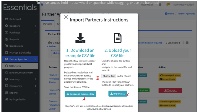 Partners import popup screen with instructions and buttons for downloading example, choosing import file, and importing the CSV