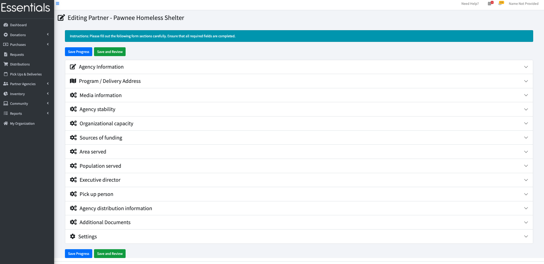 Partner Profile Edit screen with all sections collapsed