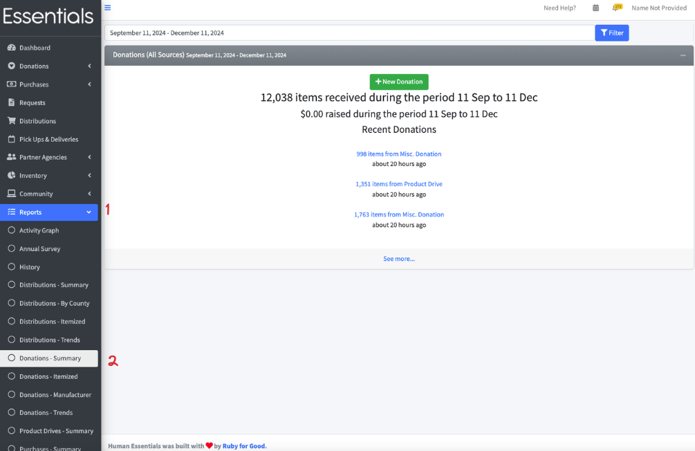 Navigation to Donation Summary report