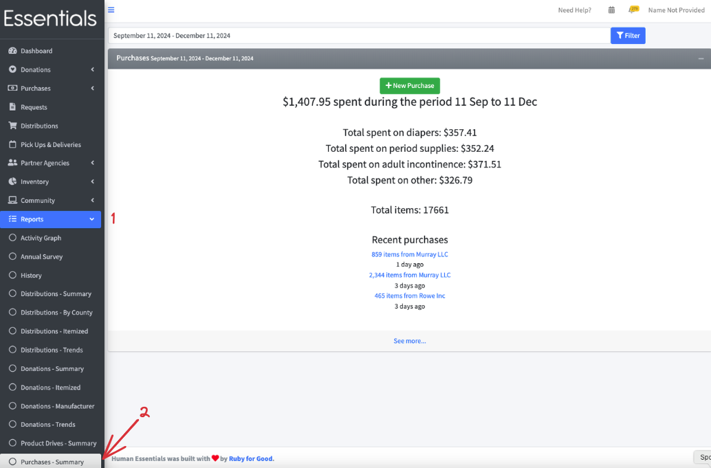 Navigation to Purchase Summary report