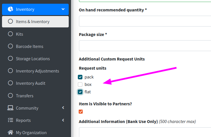 Item config request units checkboxes