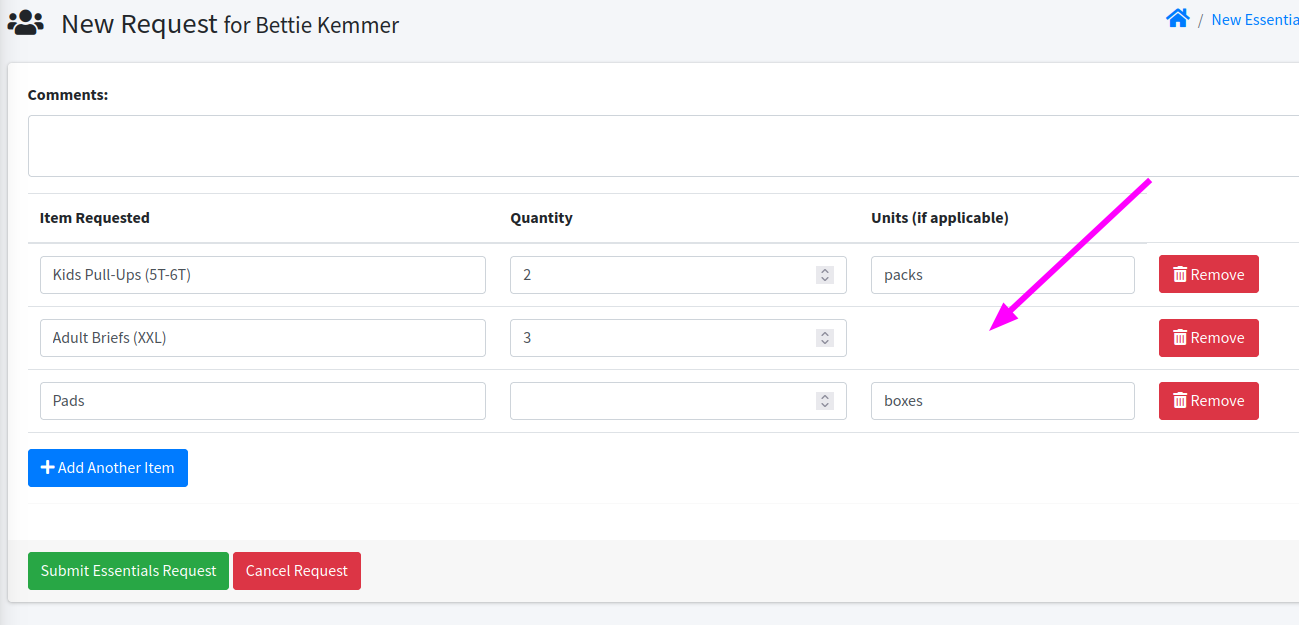 New Request units only on configured Items