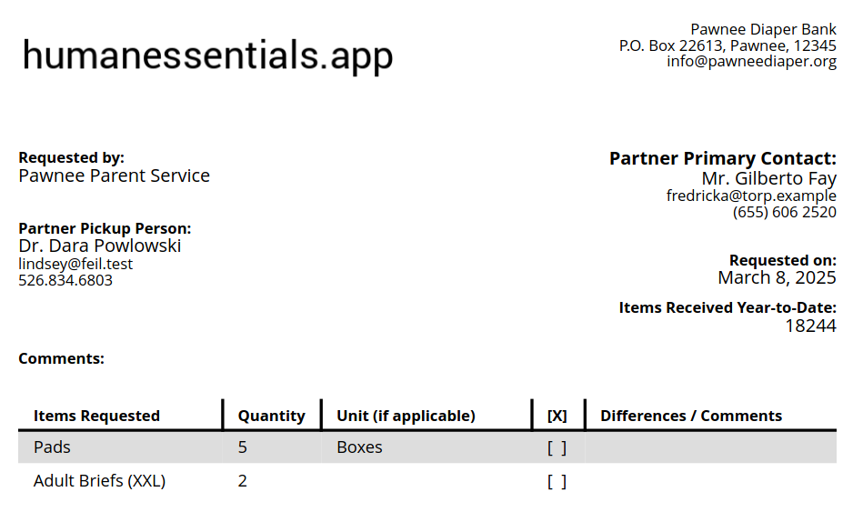 Request pick list pdf with units