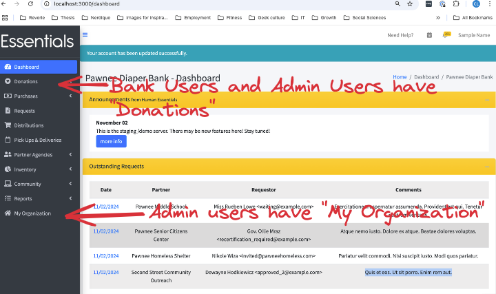 annotated screenshot showing where "Donations" and "My Organization" are in the menu