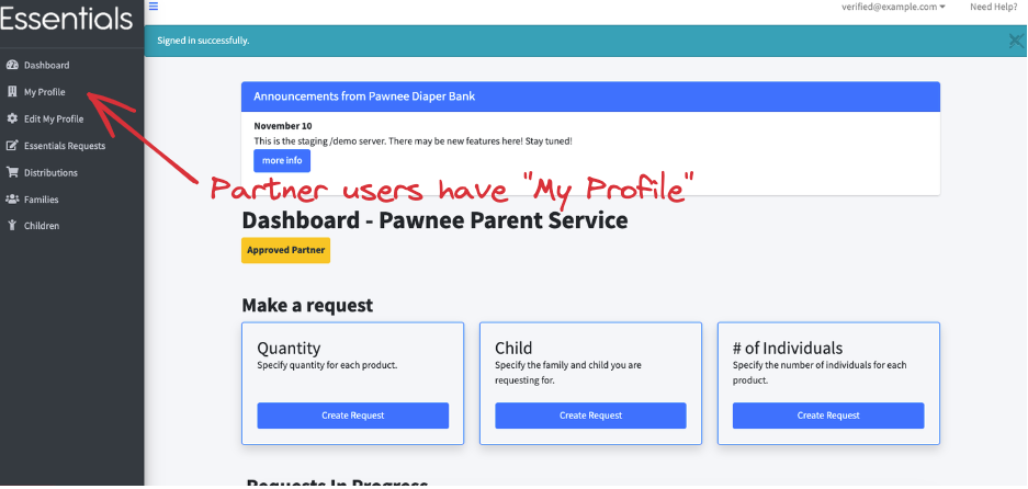 annotated screenshot showing where "My Profile" shows for a partner User"