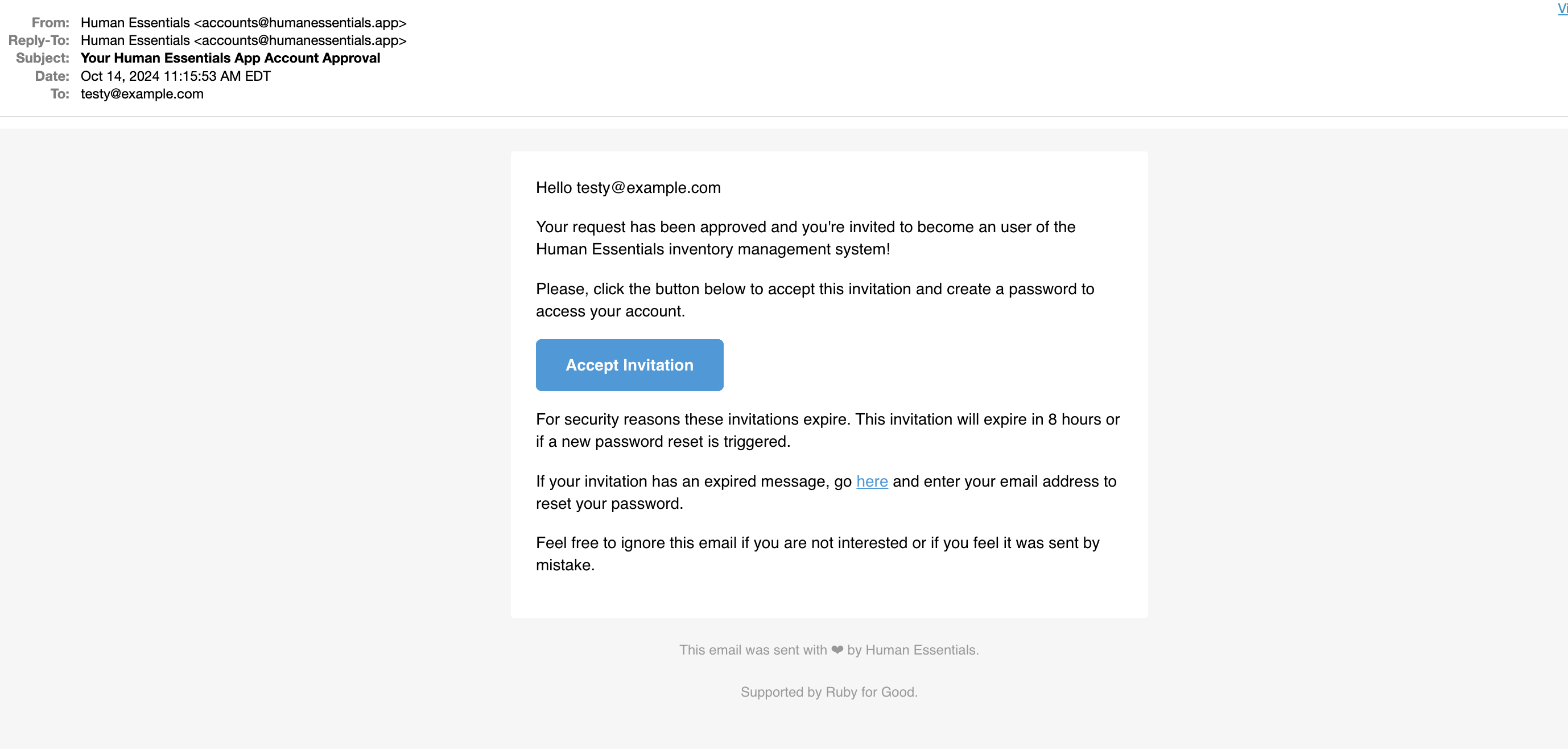 Email that goes to the invited User, with button to start password process